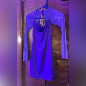 LUCY IN THE SKY. purple mini dress with long, flowy sparkly sleeves